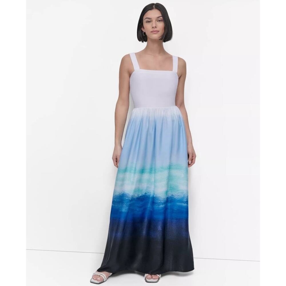 DKNY Women Seafoam Ombre Printed Satin Sleeveless Fit & Flare Maxi Dress Size S - Picture 2 of 10